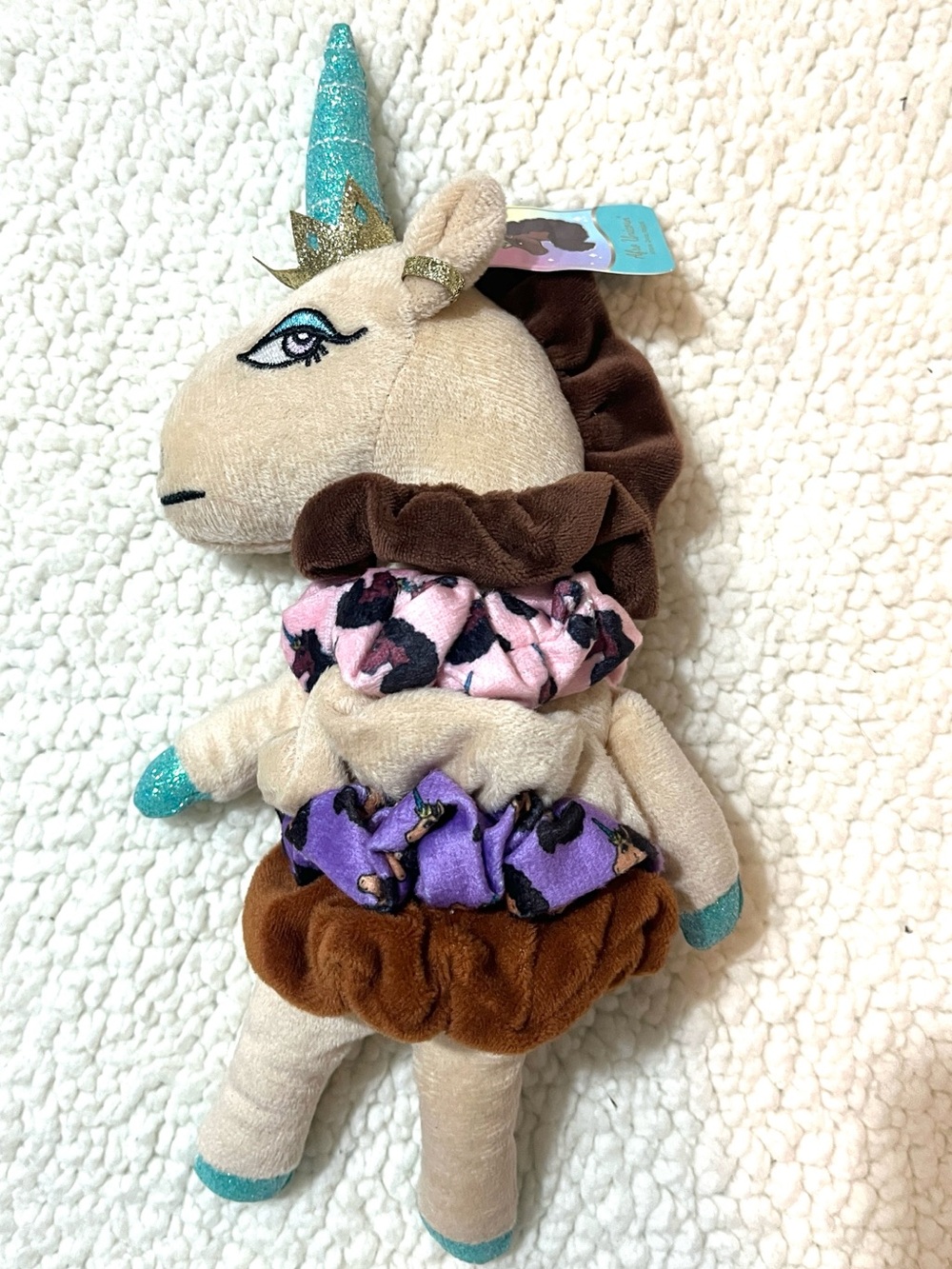 Afro Unicorn Plush with Teal Horn and Brown Mane - with 4 hair scrunchies